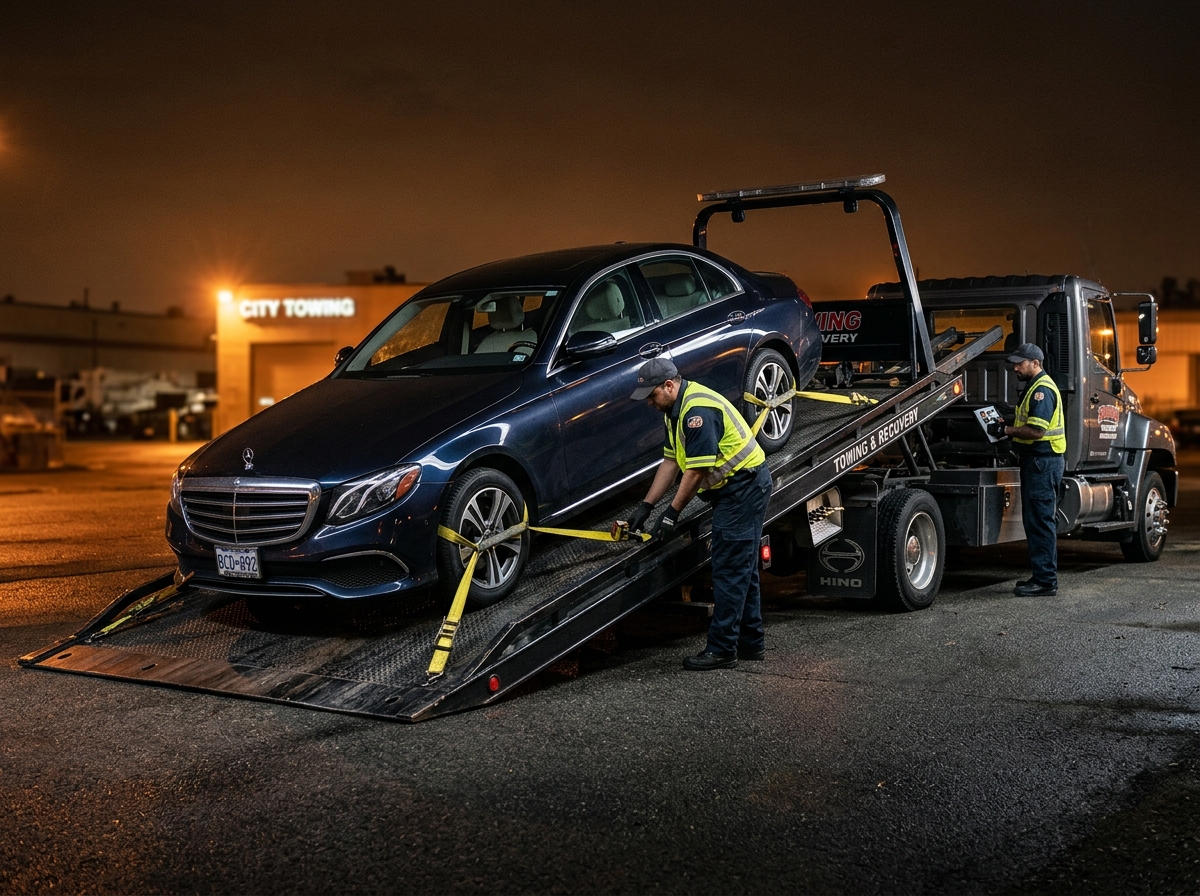 Flatbed tow truck loading luxury vehicle with soft tire straps in Dallas